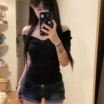 【WYZ】風短袖 風甜美黑色一字肩露肩短袖T恤女夏季辣妹小個子短款修身上衣