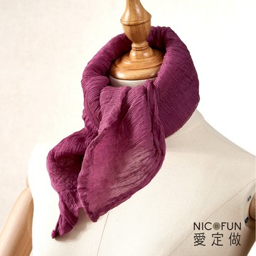 NicoFun 愛定做 魅力68 柳葉絲 真絲圍脖(四季可戴 領巾 圍巾  頸巾 桑蠶絲 皺褶 紫紅 暗紅 絲巾 )