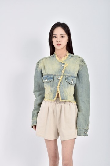 (L) mobo丹寧牛仔修身短版流蘇藍色外套