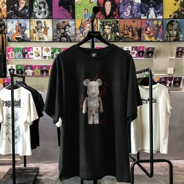 2023落肩袖小熊個性t恤歐美風寬松五分袖情侶學院圓領短袖男女