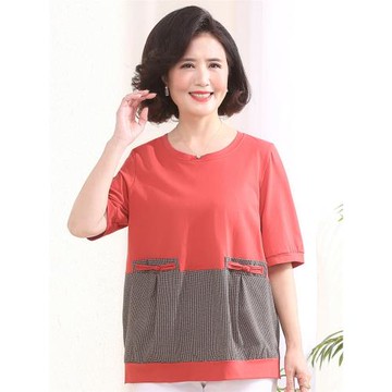 中年媽媽五分袖女t恤大碼寬松遮肚子洋氣中長款純棉中袖上衣拼接