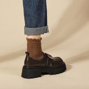 馬大樹 真皮厚底樂福鞋女加絨魔術貼小皮鞋棕色英倫風圓頭單鞋