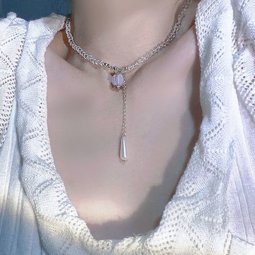 甜美紫色花苞項鏈女法式水晶串珠設計感鎖骨鏈珍珠水滴流蘇頸鏈-貼心家居