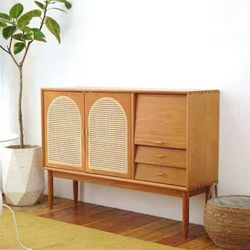 公司貨 免運 北歐小中古藤編餐邊櫃現代簡約儲物收納櫃實木茶水櫃日式客廳邊櫃 快速發貨