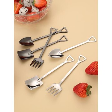 304不銹鋼勺子創意鐵鍬勺金色黑色雪糕精致勺攪拌勺調羹水果叉