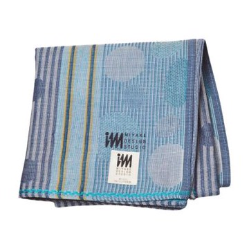 issey miyake 三宅一生藍色系直紋波點紋棉質圖騰字母LOGO帕領巾(48CM)