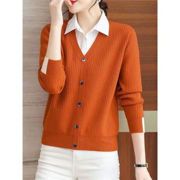 2025春秋新款襯衣領假兩件上衣女黑色毛衣顯瘦針織拼接百搭打底衫