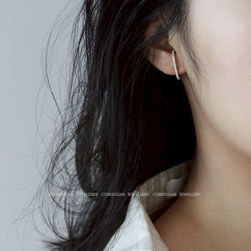 設計感 通體925純銀半環設計耳釘 微鑲鋯石精致韓國個性簡約耳環1入