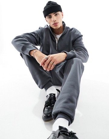 ASOS DESIGN heavyweight oversized half zip sweatshirt in washed black-Grey