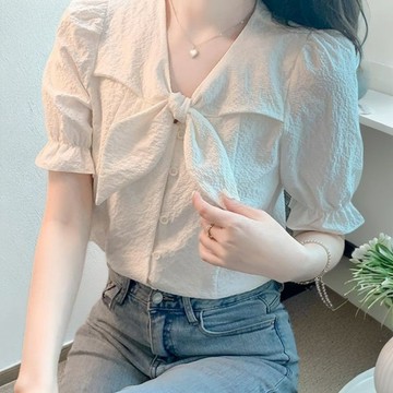 大小姐女裝 氣質洋裝 高級感穿搭 高檔時尚短款襯衫女 韓系穿搭 襯衣女 短袖雪紡襯衫女 夏季女裝 小個子 短版上衣