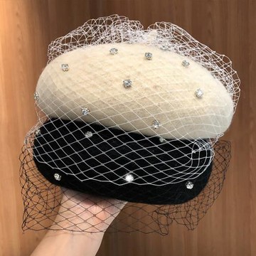 黑色網紗羊毛貝雷帽女秋冬季韓版水鉆蓓蕾帽英倫復古畫家帽子女潮
