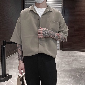 【AMERO】男裝 女裝 滑面質感 抗皺 古巴領 寬鬆 短袖襯衫 情侶裝