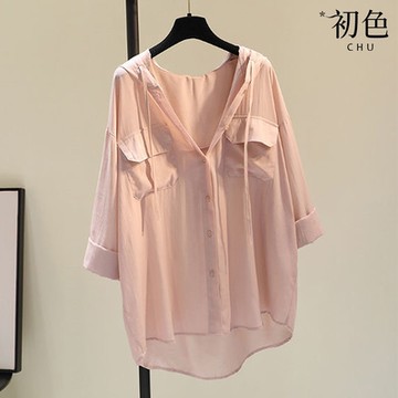 初色 寬鬆休閒百搭口袋V領連帽長袖防曬襯衫女上衣-共3色-35052(M-2XL可選)