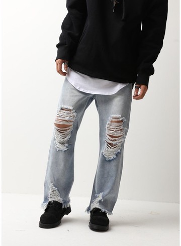 FINDSENSE品牌 男女情侶款 潮流水洗 個性復古破爛乞丐褲 直筒破洞寬鬆牛仔褲