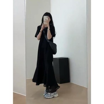 (免運)大碼女裝夏季法式赫本風拼接連衣裙胖mm設計感遮肉顯瘦別致長裙子