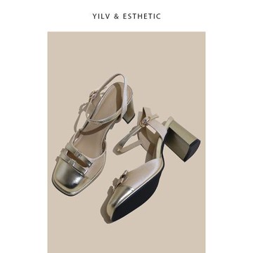 法式蝴蝶結粗跟包頭涼鞋女2025夏季新款一字帶后空銀色瑪麗珍單鞋