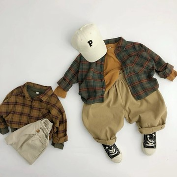 【四口甜】台灣現貨秋冬新款80-130男童女童復古聖誕款格子磨毛襯衫