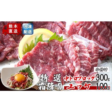 ふるさと納税 馬刺し 特選 霜降り 中トロ 300g ブロック ユッケ 100g セット 熊本直送 国内肥育 馬刺 馬肉 肉 お肉 冷凍 国産 又は カナダ産 配送.. 熊本県錦町