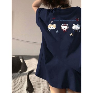 【美式寬鬆設計感】藏藍色短袖T恤女 夏季新款純棉半袖上衣 韓版INS風潮T恤 短袖T恤女 短袖上衣 女T恤短袖 100%