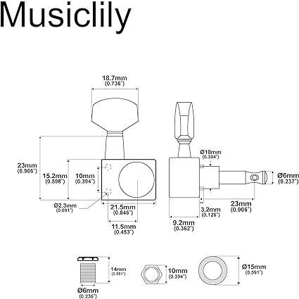 Musiclily Pro 6連 2ピン ギター ペグ フェンダーストラト テレキャスターエレキギター用、ブラック