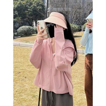 (免運)防紫外線長袖防曬衣女透氣冰涼輕薄連帽短款外套戶外遮陽寬松開衫