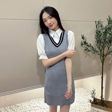 學院風假兩件針織洋【03020】Sandy33實拍春夏新款韓系INS修身顯瘦氣質純欲翻領V領洋裝 短洋 連衣裙 連體衣