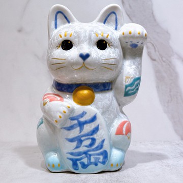 【瑞水耀両】日本清水燒招財貓 | 花結晶水白 - 千万両 特大 左