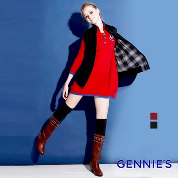 Gennies奇妮 POLO學院風時尚七分袖洋裝-紅/黑(GSY04)