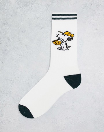 ASOS DESIGN sports sock in ecru and green with Snoopy design-White