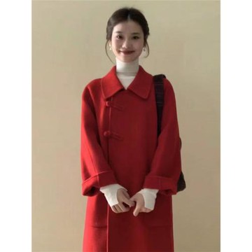 紅色雙面羊毛呢子大衣外套女2025年春秋季新款赫本風高級感小個子