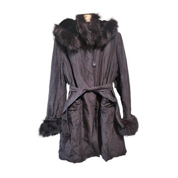 【二手精品 9.9成新】CHANEL香奈兒經典黑色雙面穿真絲與狐狸毛連帽長款大衣(剪水洗標) 編號S505