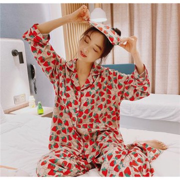 網紅ins仿真絲長袖睡衣女春秋絲綢家居服寬松大碼200斤兩件套裝