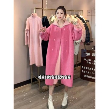 秋冬季慵懶風羊羔毛開衫外套女圓領寬松加厚雙排扣中長款呢子大衣