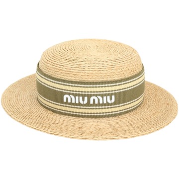 miu miu 字母羅紋織帶草編帽(自然色x綠)