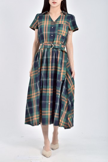 (S) redyazel質感格紋排扣鬆緊腰綠色綁帶洋裝