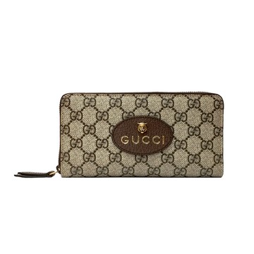 【GUCCI 古馳】473953 經典GG Supreme帆布印花虎頭造型拼色拉鏈零錢長夾 (棕色)