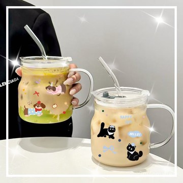 臺灣出貨⚡咖啡杯高級感輕奢高顔值大容量攪拌杯帶把手玻璃水杯家用咖啡杯子玻璃杯冰咖啡杯復古透明水茶牛奶杯