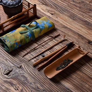 千里江山布袋裝 茶則四件套茶針 茶夾 茶撥 瑞鶴圖六君子套件茶道
