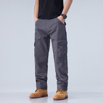春季工裝褲男厚款棉布寬松直筒多袋高腰休閑褲男耐穿工作褲長褲子