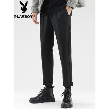 花花公子毛呢褲子男秋冬季款直筒寬松加厚西裝褲2024黑色休閑長褲