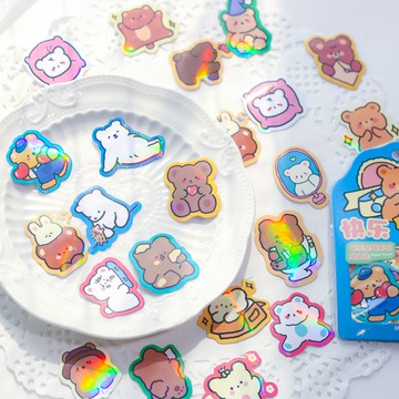 🍋檸檬青🍋清倉現貨超可愛快樂星球系列鐳射炫彩卡通動物防水貼紙4款40枚入手帳裝飾素材