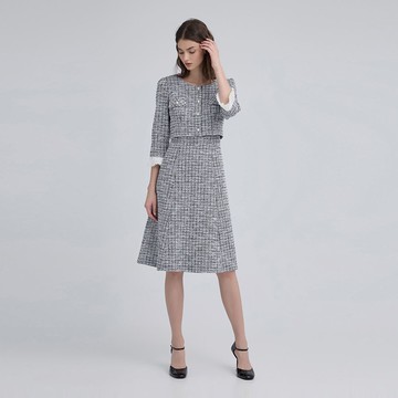 ILEY伊蕾 小香風珍珠毛呢荷葉收腰洋裝(藍；M-XL)