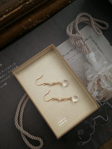 曉君夢 *雨滴* 白水晶+淡水珍珠14k注金耳環耳釘耳線 氣質優雅