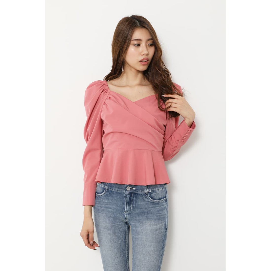 リエンダ Rienda Mutton Sleeve Peplum Top ピンク 通販 Lineポイント最大get Lineショッピング
