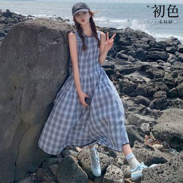 初色 復古風寬鬆拼接印染格紋圓領無袖A字裙中長裙連衣裙連身洋裝-格紋-50836(M-XL可選)