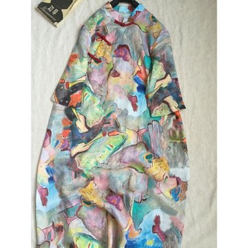 日系專柜時尚大牌剪標折扣品牌余單立領中長款印花改良旗袍連衣裙