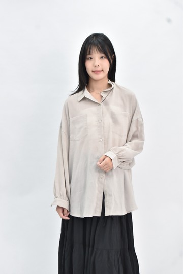 (2XL) epoque 棉質排扣落肩杏色襯衫上衣
