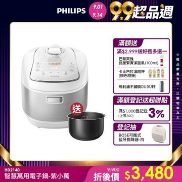 【Philips 飛利浦】智慧萬用電子鍋/壓力鍋/萬用鍋 HD2140_白小萬