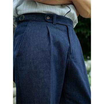 2024春夏新款 自制改良牛仔藍巴黎扣休閑褲男 那不勒斯修身九分褲