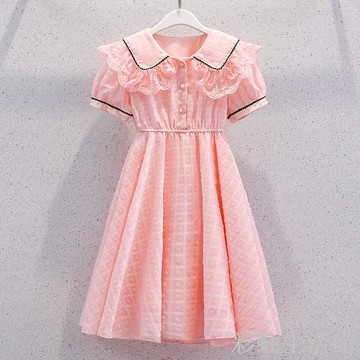 女童小香風連衣裙夏季洋氣蕾絲娃娃領公主裙薄款兒童雪紡裙子長裙